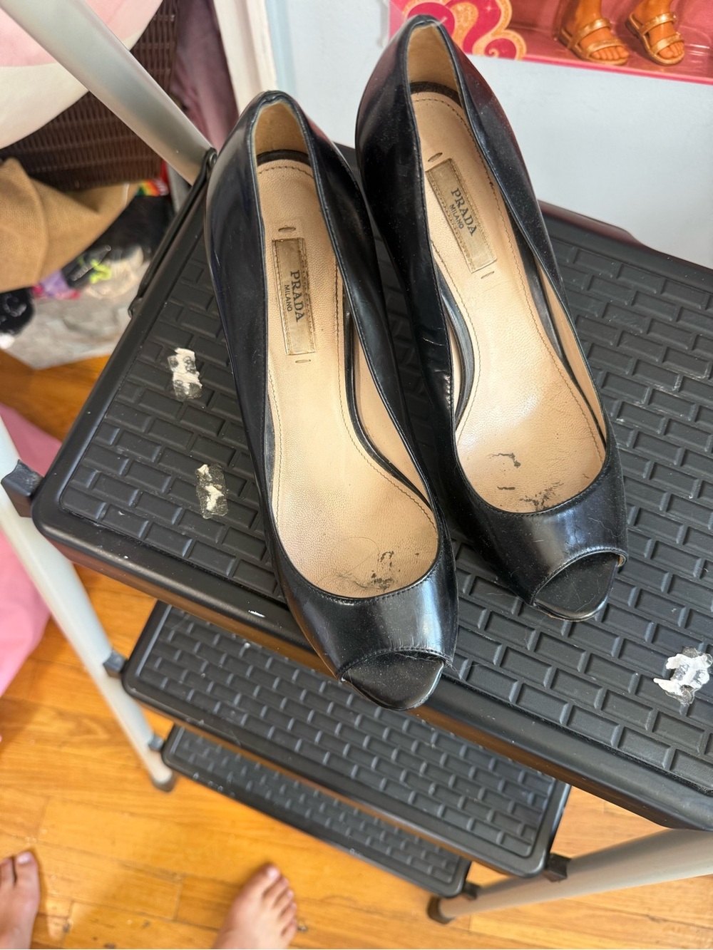 Prada Black Peep-Toe Leather Heels